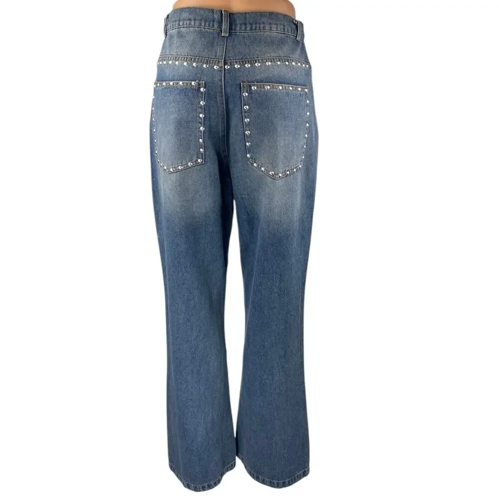 Women's Blue Studded Medium Wash High Waist Flared Bootcut Denim Jeans Pants 28